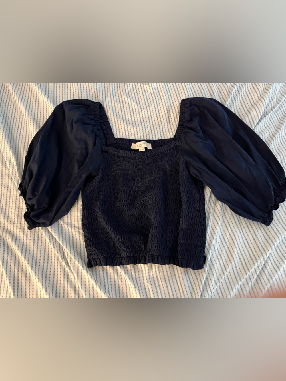 LOFT Navy Smocked Off-Shoulder Puff Sleeve Top